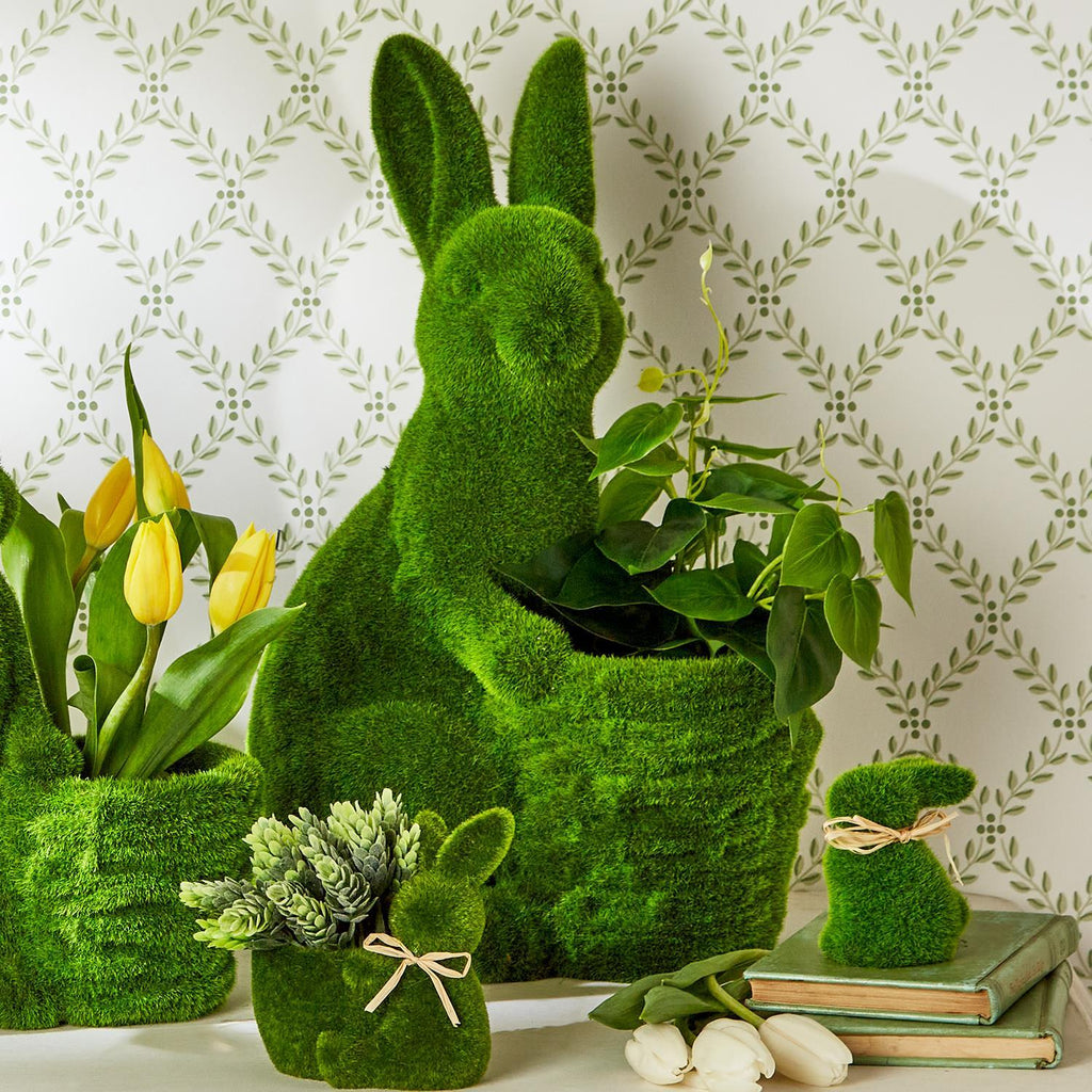 17" Hoppy Easter Faux Moss Easter Bunnies with Baskets - SET OF 2
