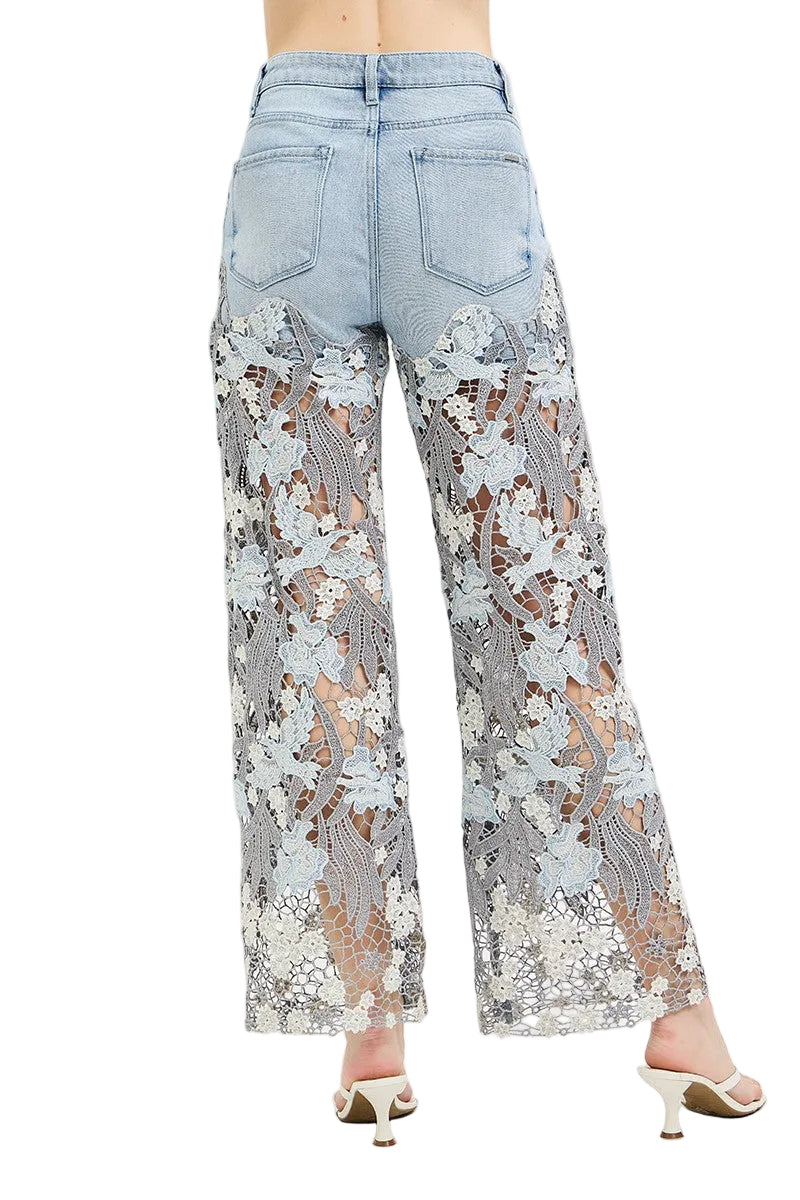Viral High Rise Embroidered Lace Wide Leg Jeans - Risen