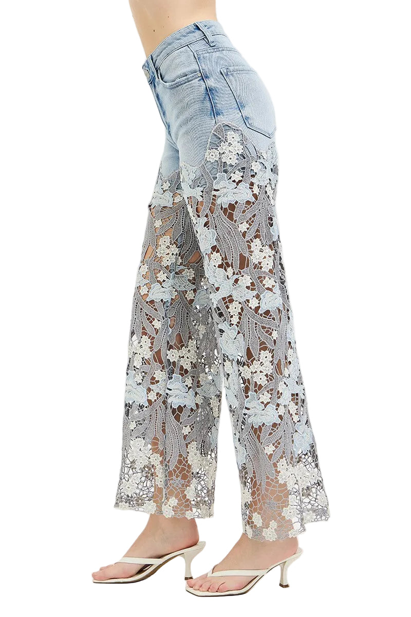 Viral High Rise Embroidered Lace Wide Leg Jeans - Risen