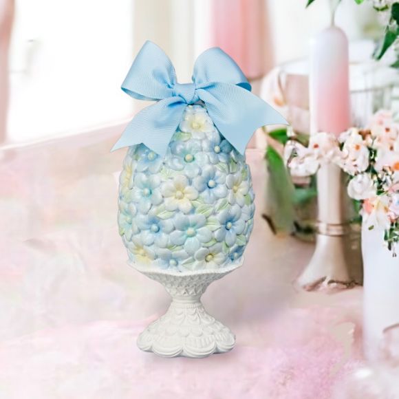 8" Resin Blue Flower Egg on Stand