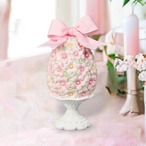 8" Resin Pink Flower Egg on Stand