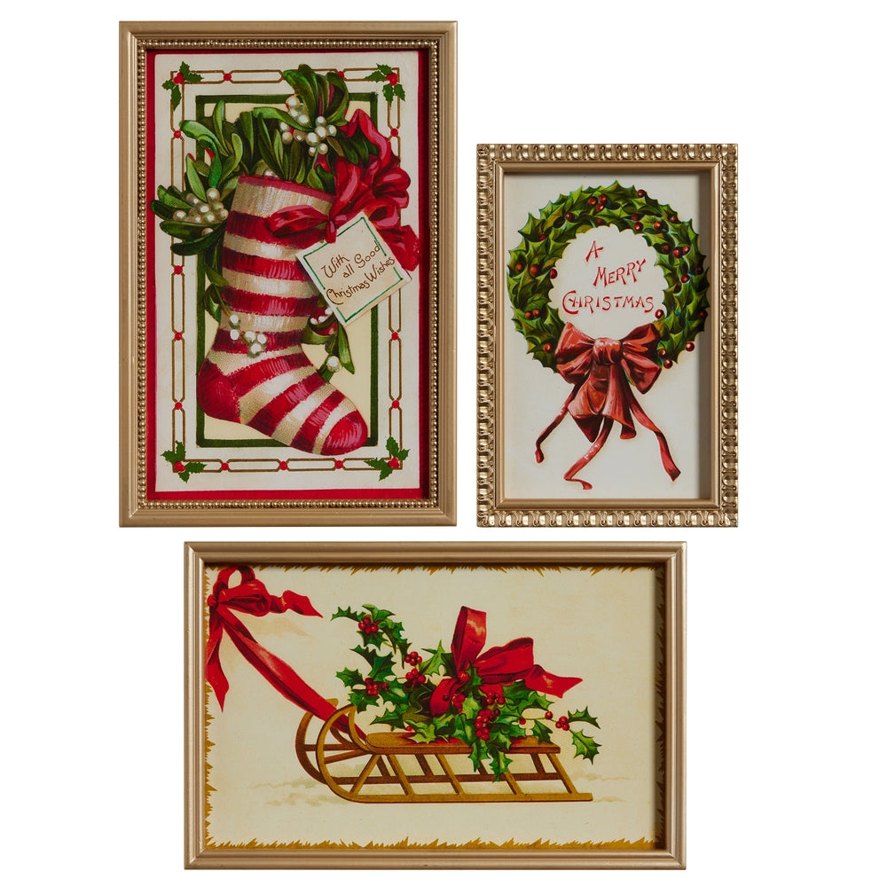 Christmas Carousel Collection - 18" Vintage Christmas Wishes Framed Wall Art - SET OF 3