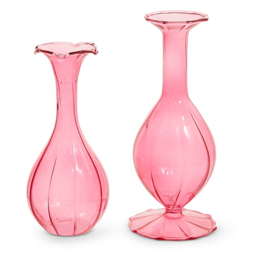 Glass 7" & 6" Pink Fluted Bud Vases - SET OF 2