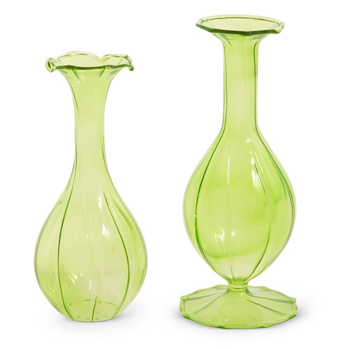 Glass 7" & 6" Green Fluted Bud Vases - SET OF 2