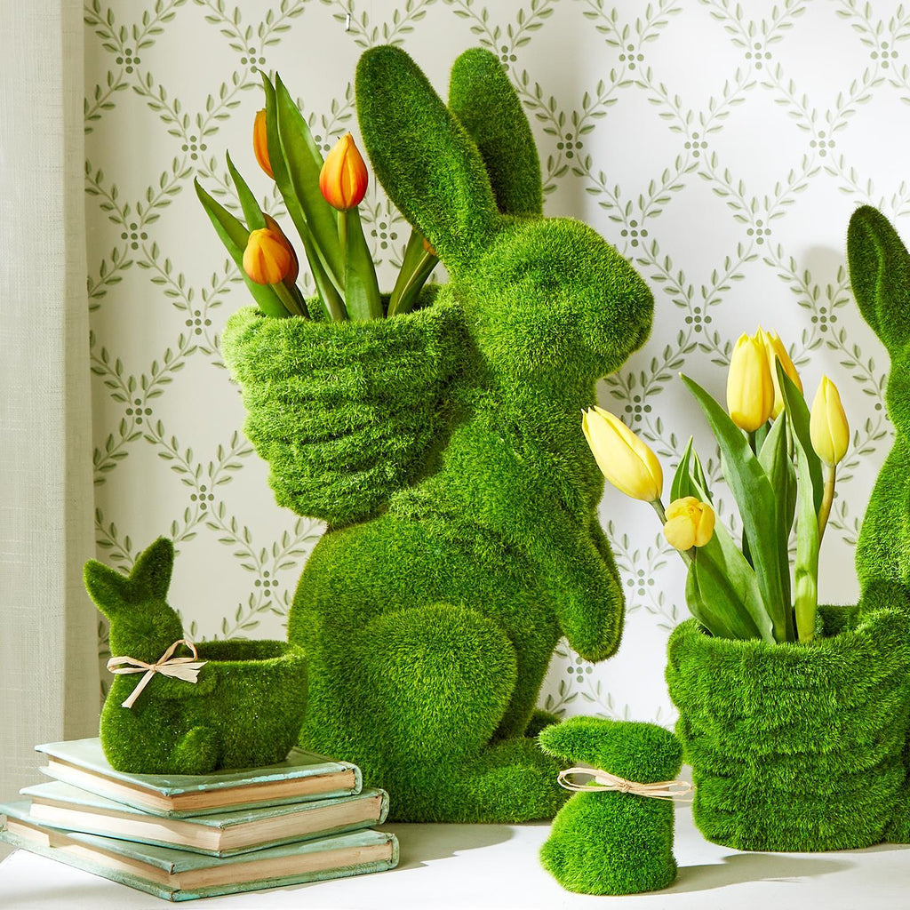 17" Hoppy Easter Faux Moss Easter Bunnies with Baskets - SET OF 2