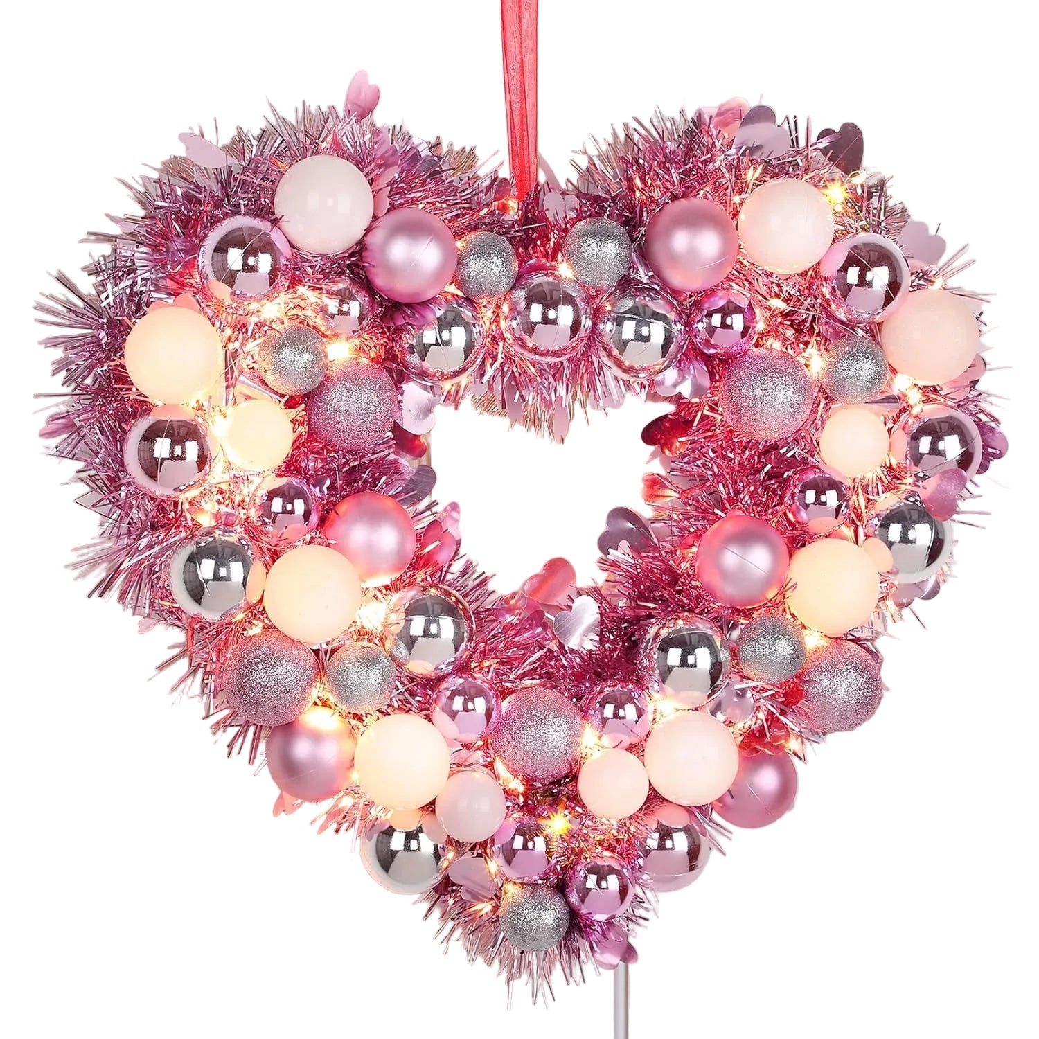 Valentine's Day - 14" LIGHT PINK LIGHT UP HEART WREATH