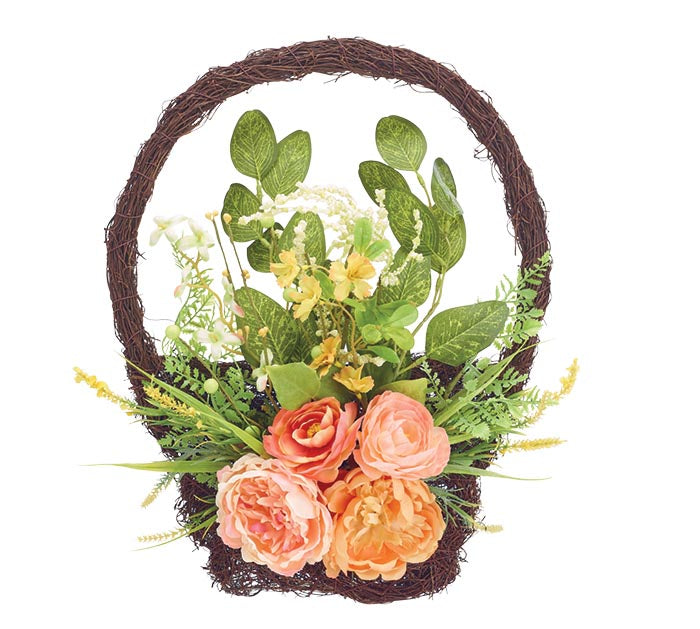 12.25" PEACH AND MAUVE FLOWERS IN VINE BASKET