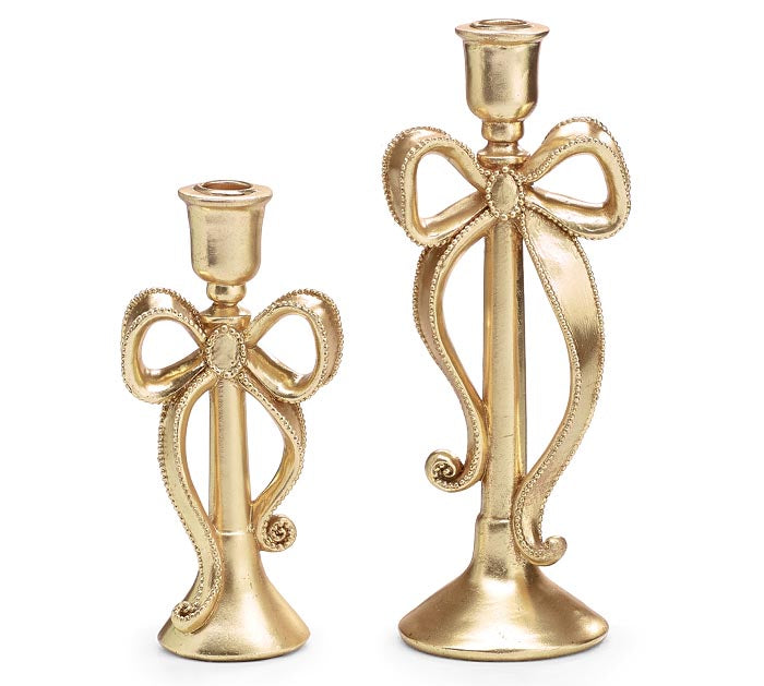 Christmas Carousel Collection - 11.75 & 8.5 GOLD BOW CANDLEHOLDERS - SET of 2