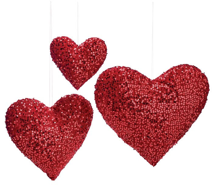 Valentine's Day - 13" - 11" & 6.5" HANGING SEQUIN HEARTS - SET OF 3
