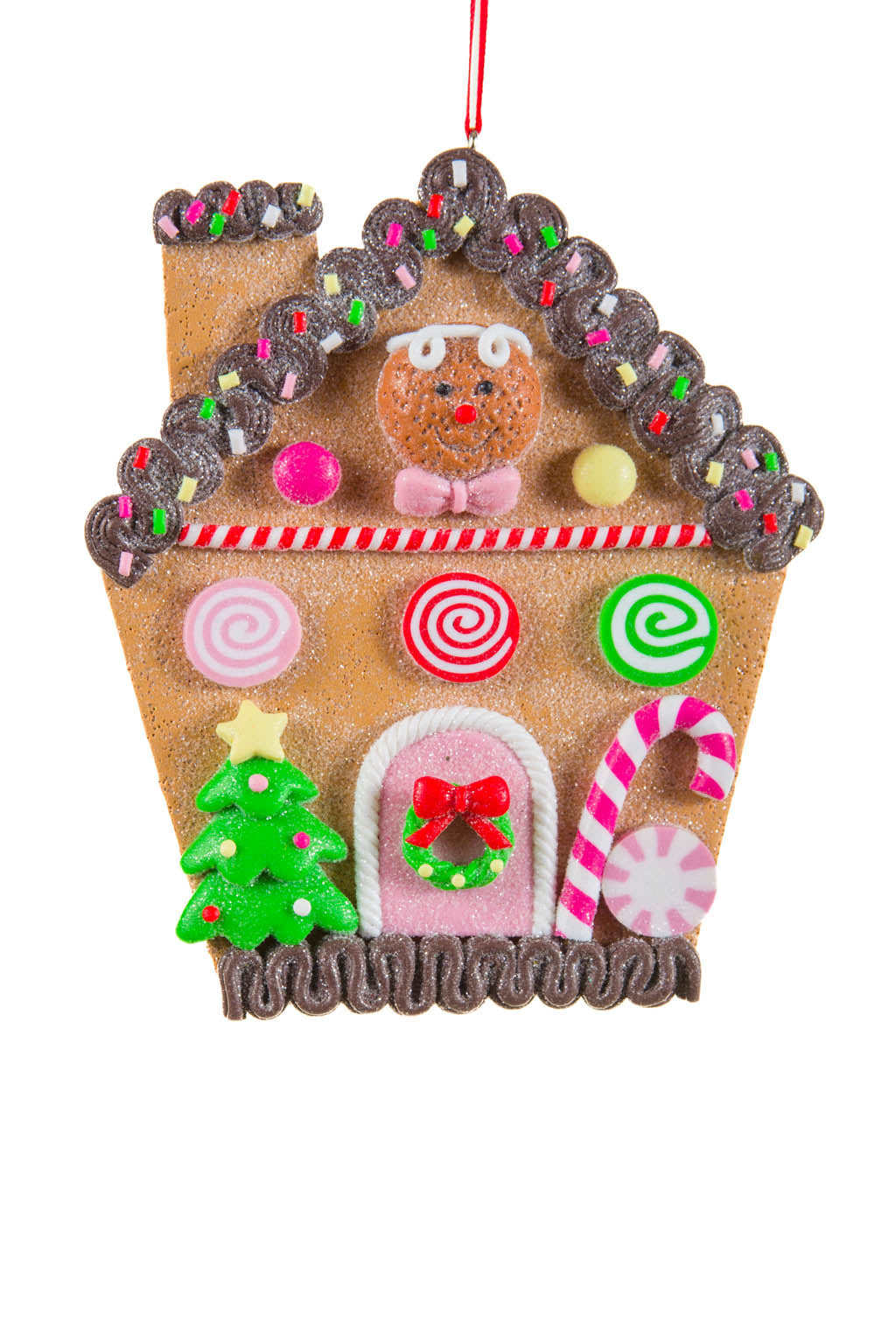 5"  Pink Candy Cane Gingerbread House Ornament