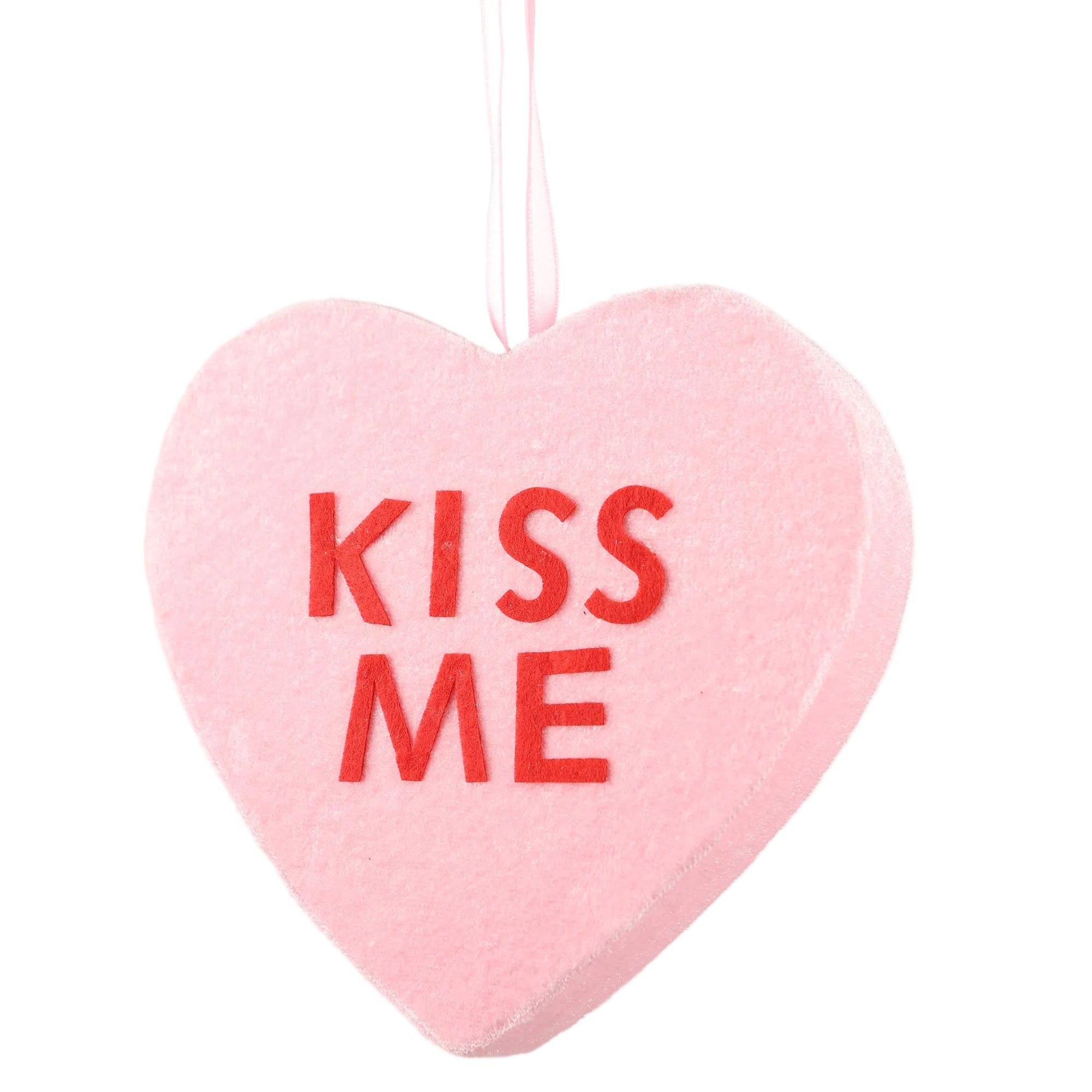 Cupids Valentine - 6" Light Pink Velvet Candy Heart Ornament Kiss Me
