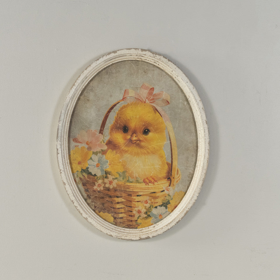 OVAL FRAMED CHICK IN BASKET WITH FLOWERS PRINT