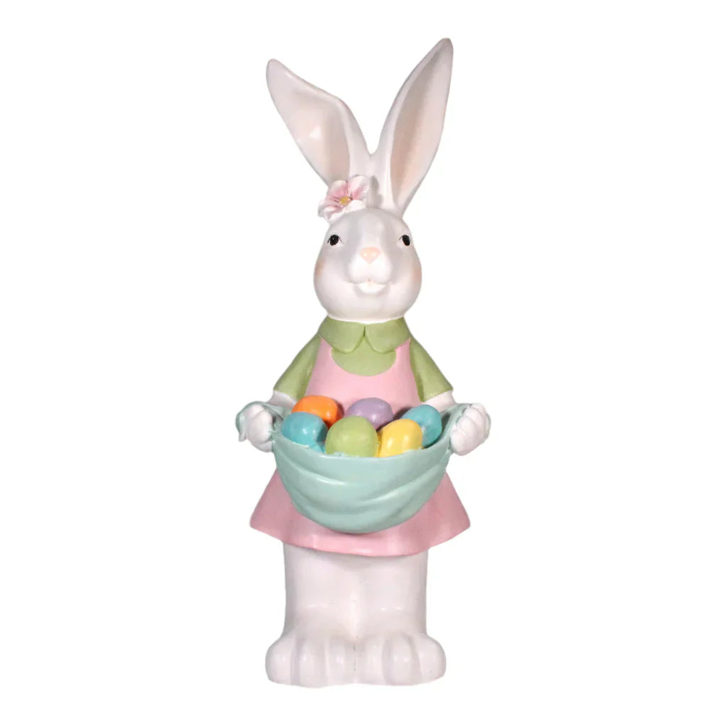 31” RESIN BUNNY WITH POCKET OF EGGS