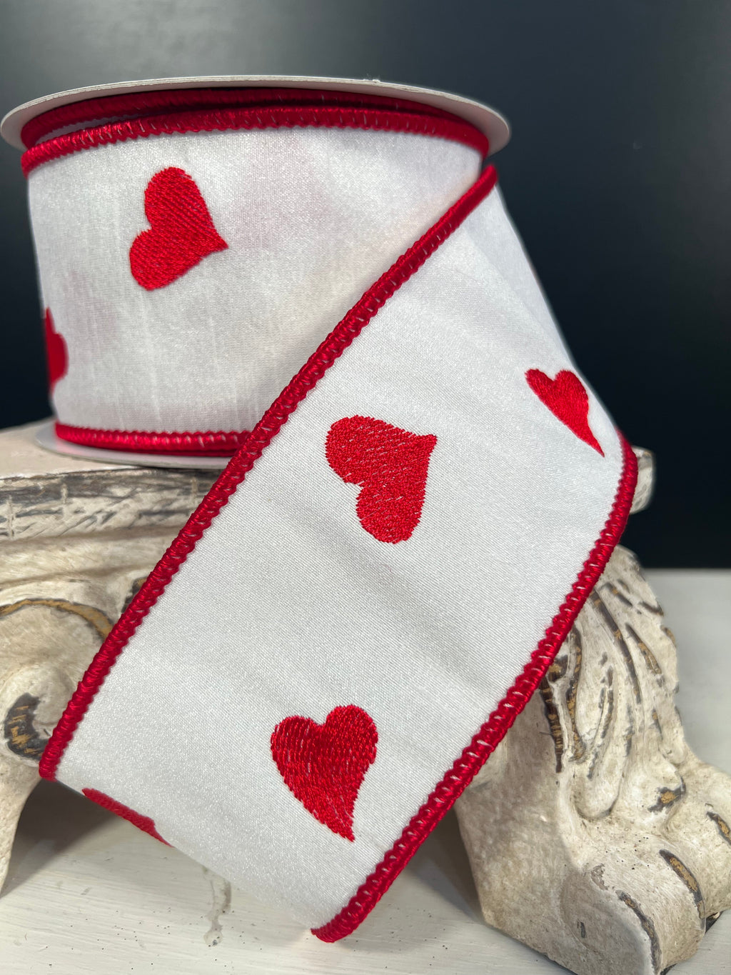 2.5"X10YD Red heart embroidery on white dupioni with white sheer back red edge