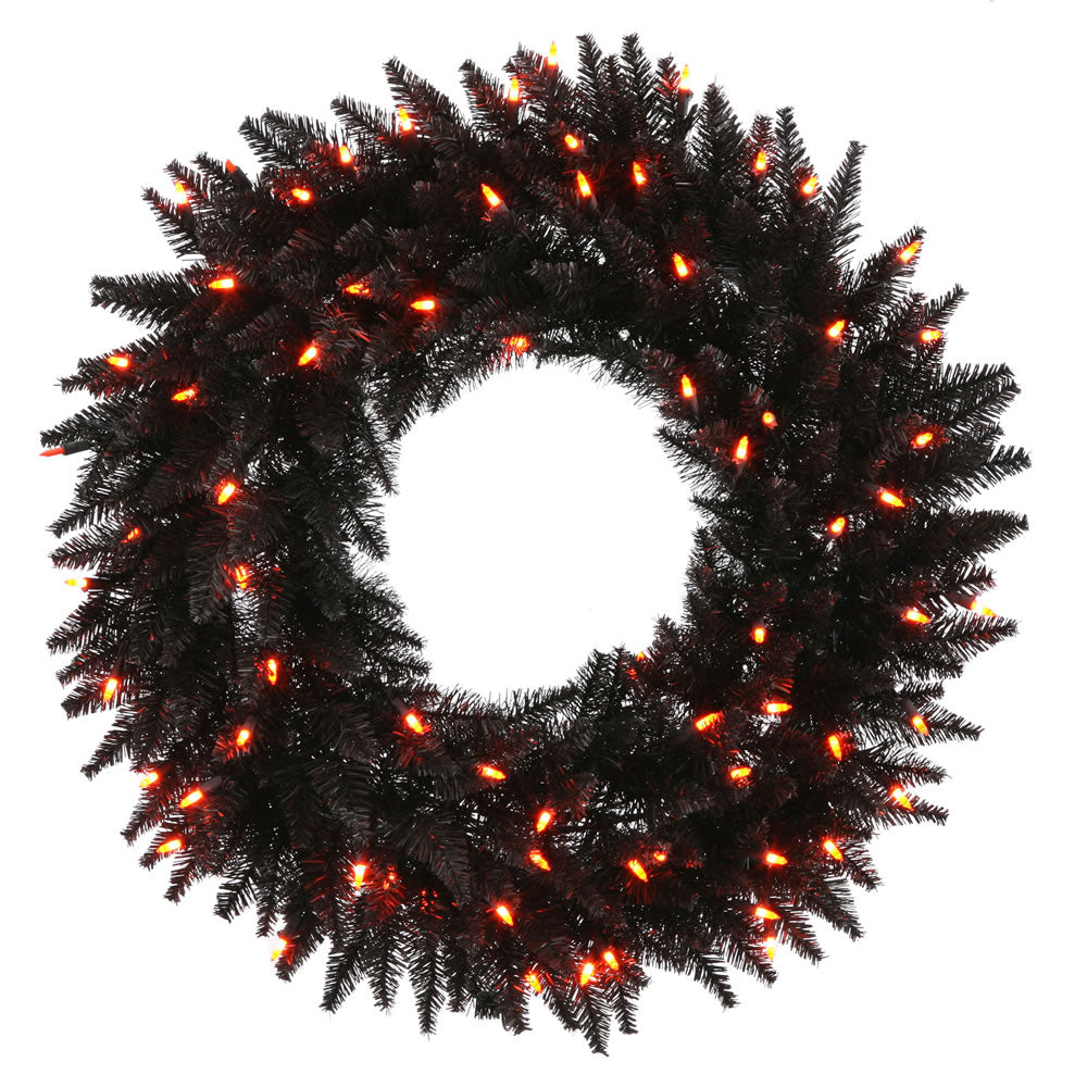 Black Pre-Lit Wreath with Orange LED Lights