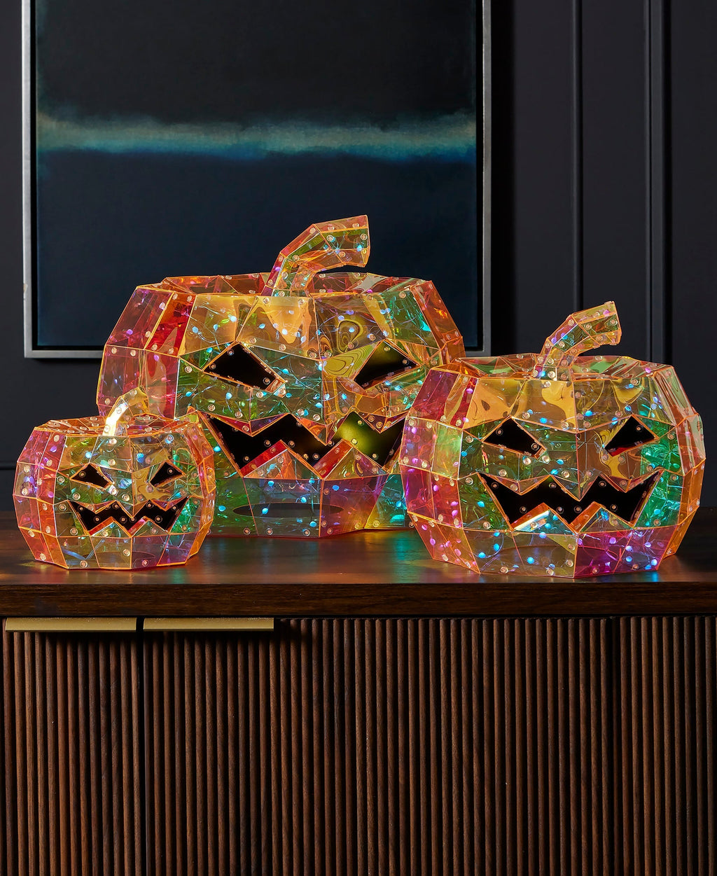 Iridescent Prismatic Halloween Pumpkin 8", LED lights
