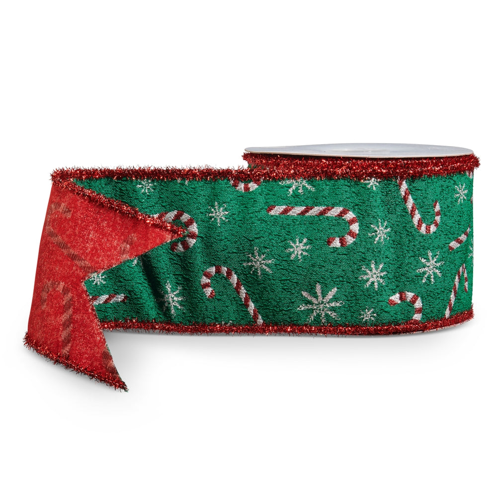 4" X 10 Yds Candy Cane with Tinsel Edge Wired Ribbon