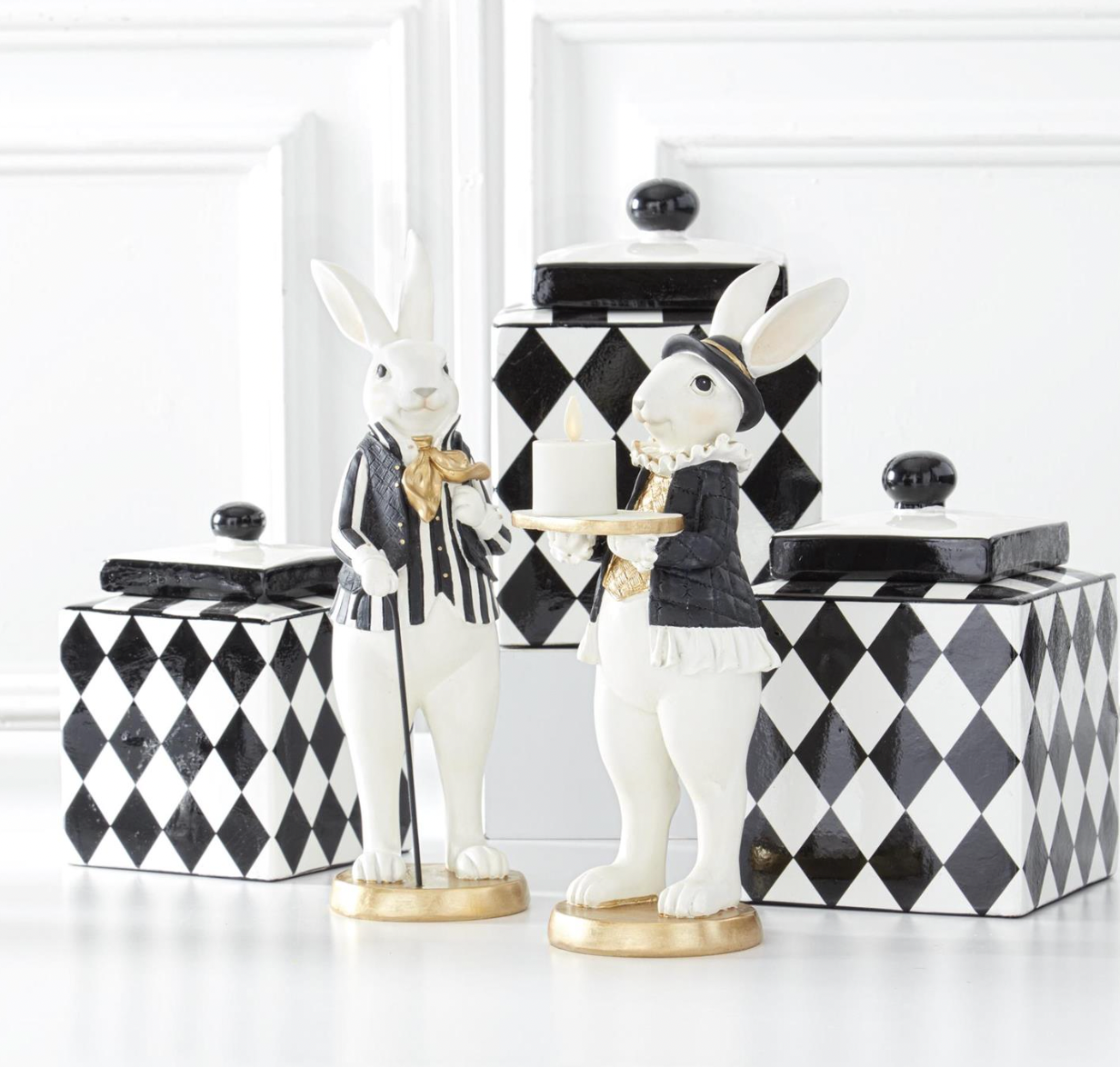 12" ROYAL Resin Easter Bunnies Black & Gold SET OF 2