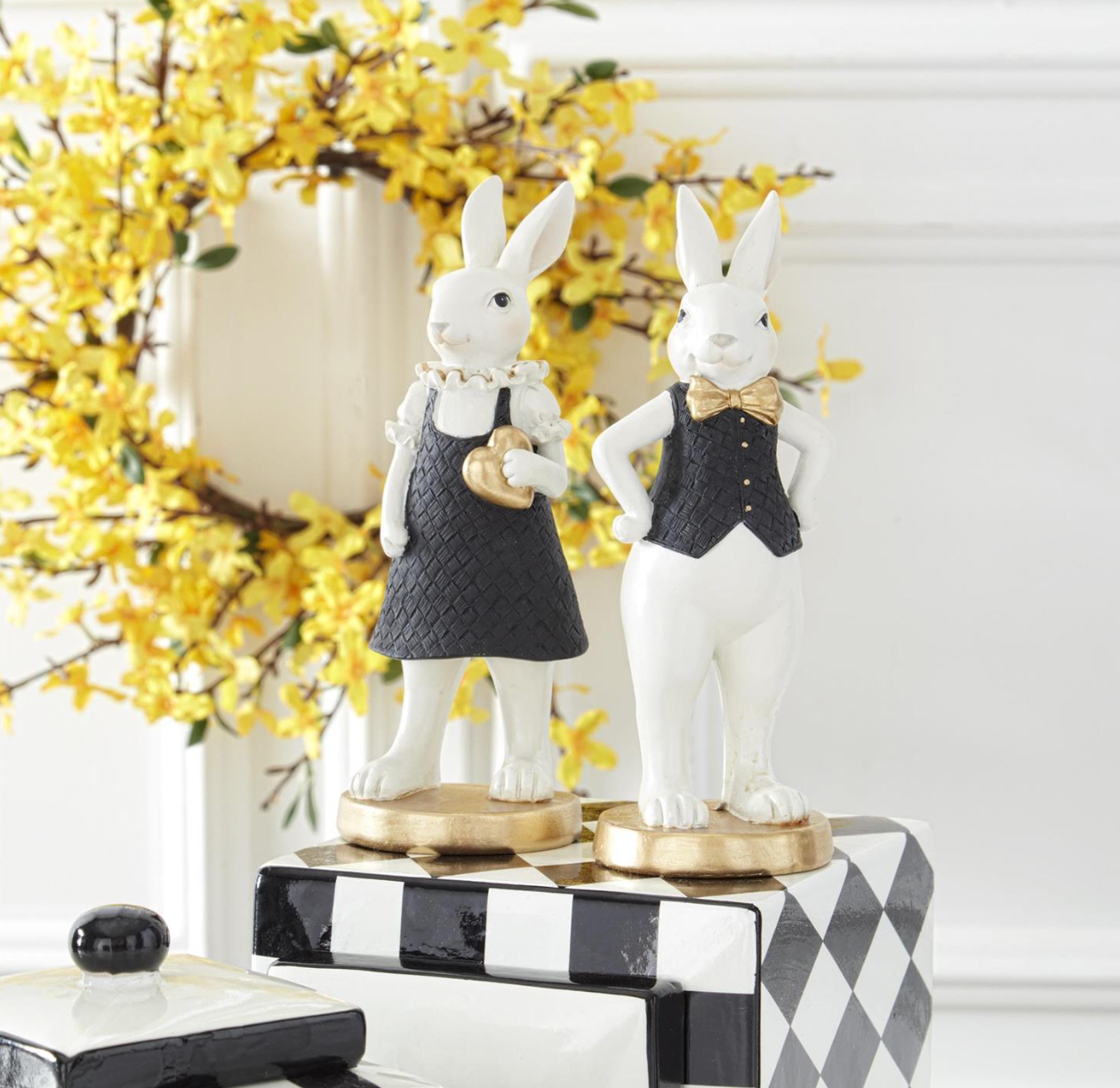8" ROYAL Resin Easter Bunnies Black & Gold SET OF 2