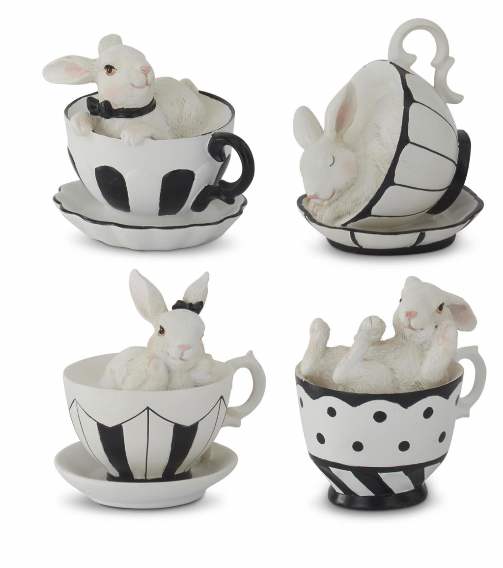 4" Royal White Resin Bunnies in Black & White Teacups SET OF 4