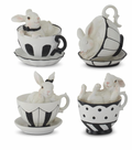 4" Royal White Resin Bunnies in Black & White Teacups SET OF 4