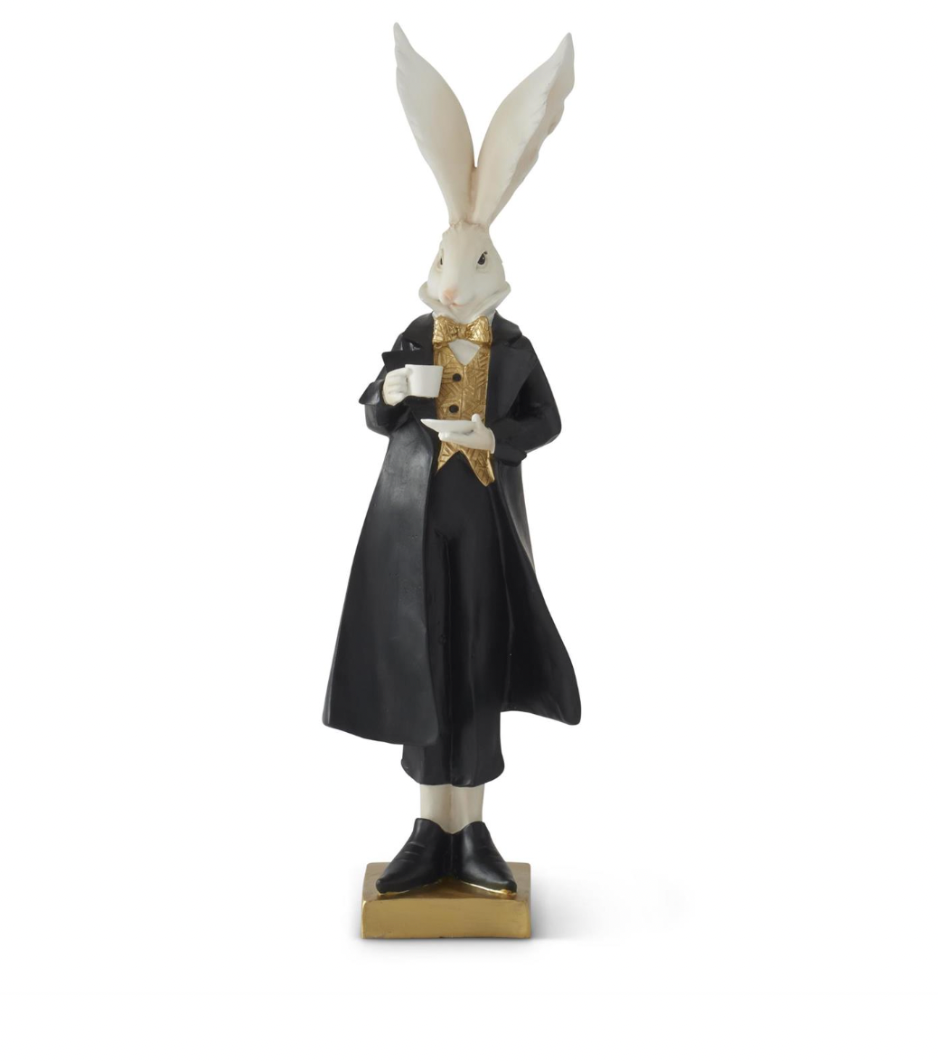 18.25" Royal Resin Black White & Gold Easter Bunny w/Teacup