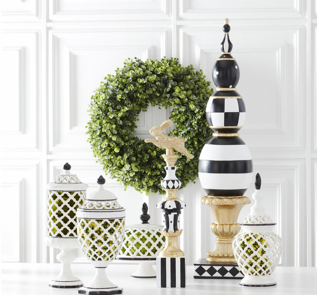 Set of 4 Royal White Lattice Cutout Lidded Ceramics w/Black Trim