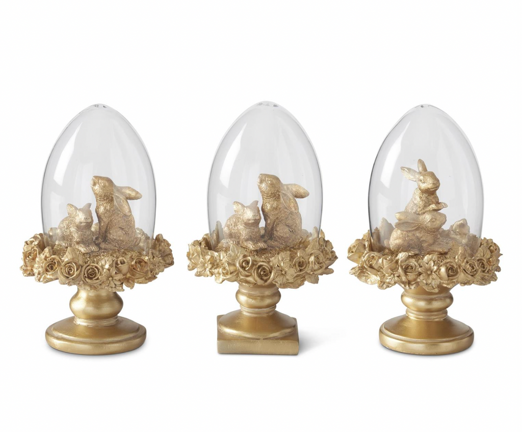 3 Assorted 6.25 Inch Royal Gold Resin Easter Bunny Egg Cloche Topiaries