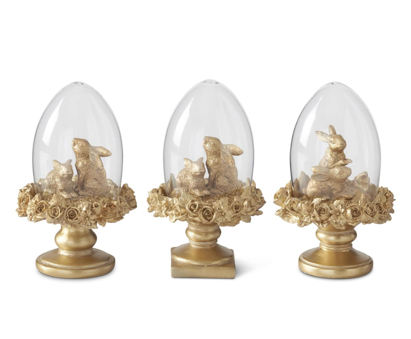 3 Assorted 6.25 Inch Royal Gold Resin Easter Bunny Egg Cloche Topiaries