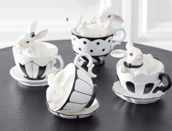 4" Royal White Resin Bunnies in Black & White Teacups SET OF 4
