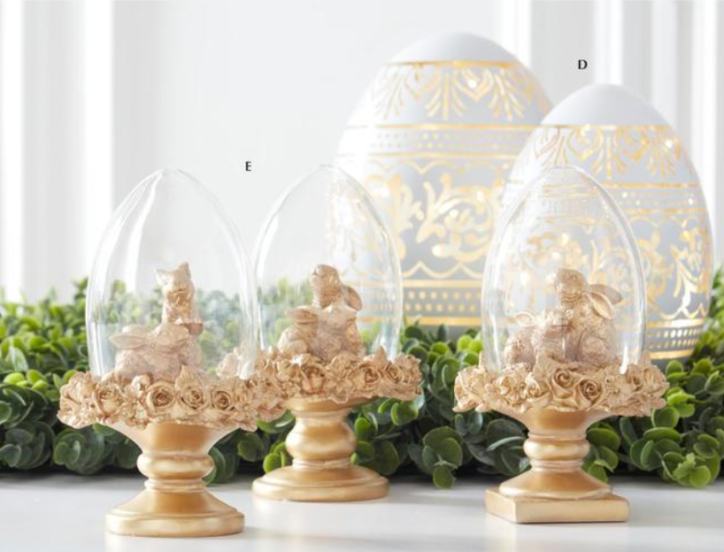 3 Assorted 6.25 Inch Royal Gold Resin Easter Bunny Egg Cloche Topiaries
