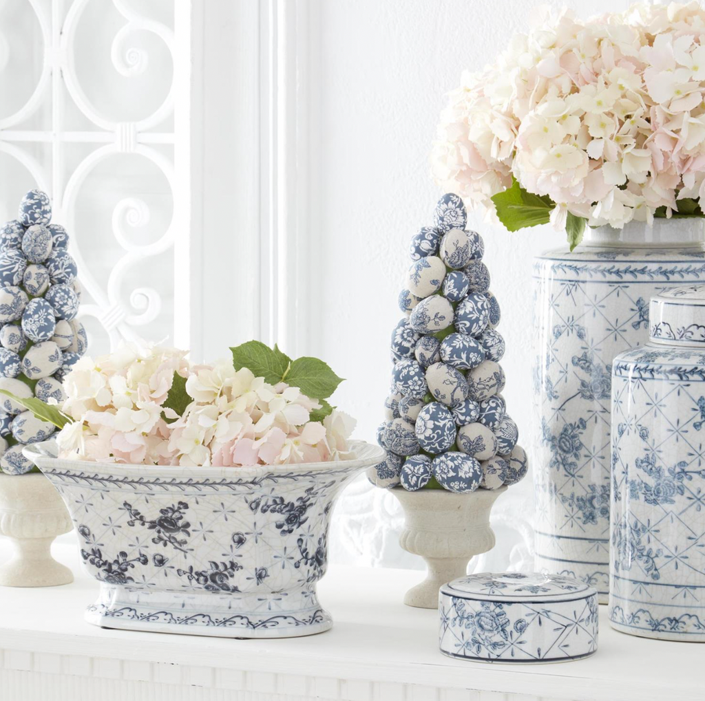 15" Blue & White Floral Fabric Egg Topiary