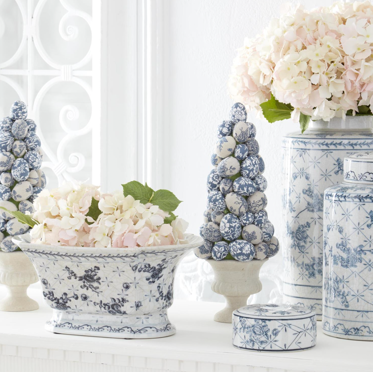 15" Blue & White Floral Fabric Egg Topiary