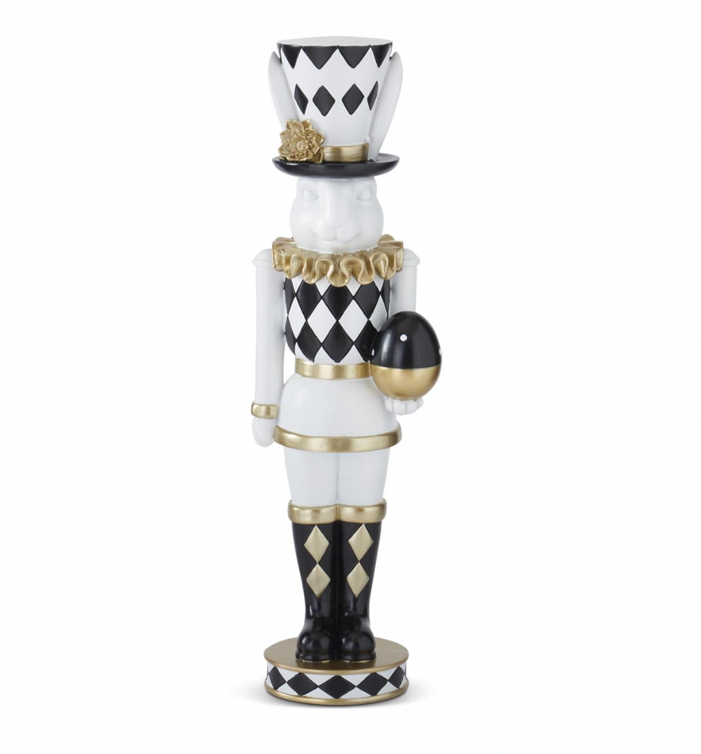 17.75" Resin Royal White Black & Gold Easter Bunny Soldier Holding Egg