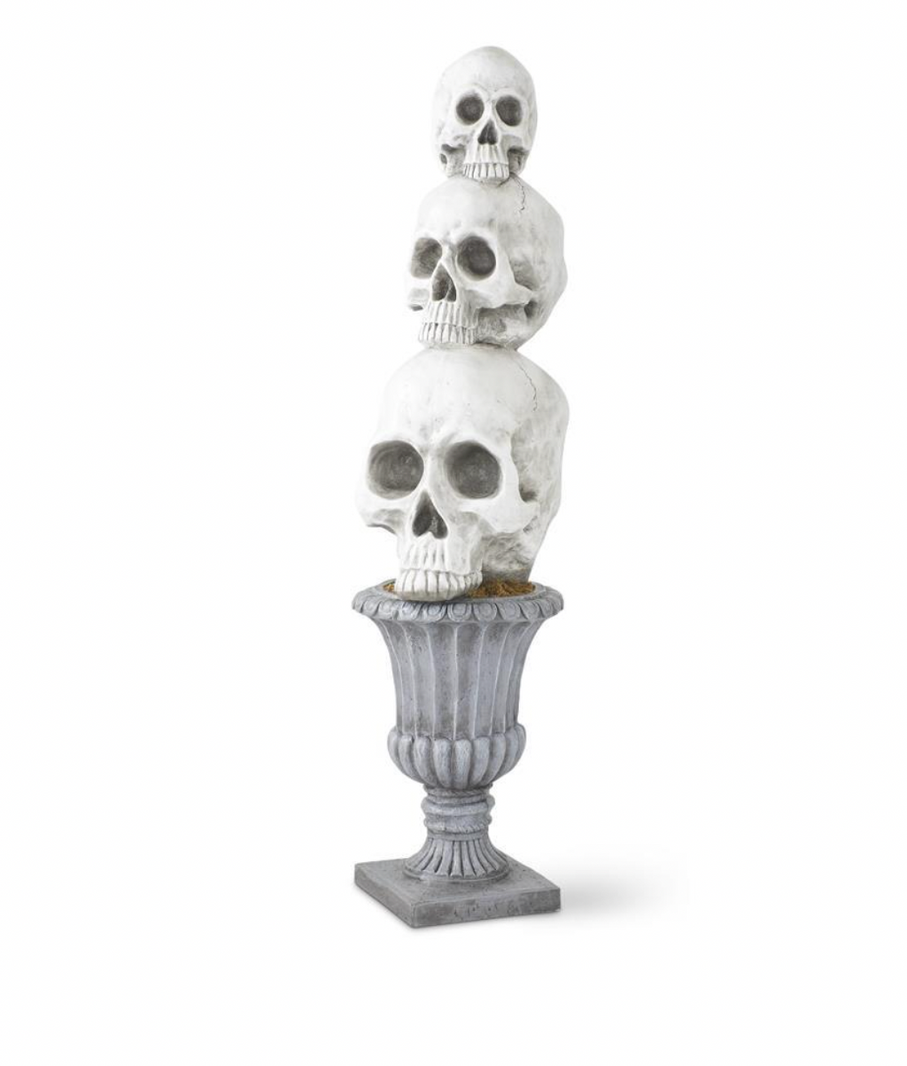 48" White 3 Stacked Skulls on Gray Urn