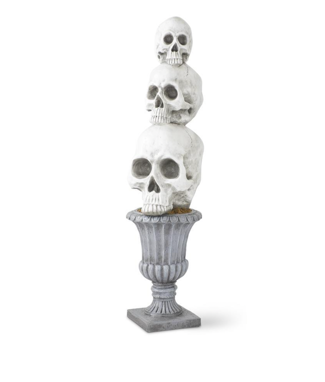 48" White 3 Stacked Skulls on Gray Urn