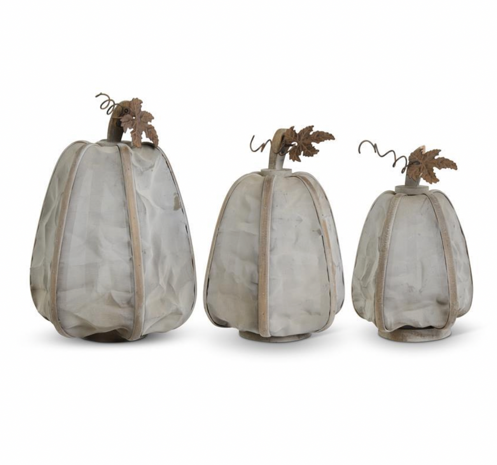 Set of 3 Gray Mesh Pumpkins w/Metal Leaves & Wood Stem