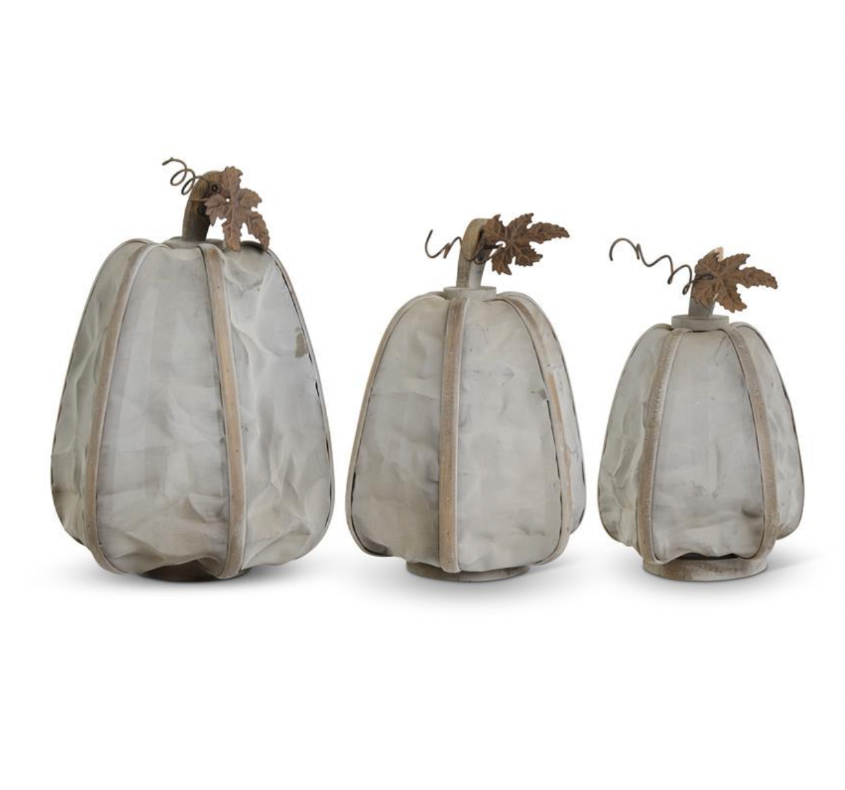 Set of 3 Gray Mesh Pumpkins w/Metal Leaves & Wood Stem
