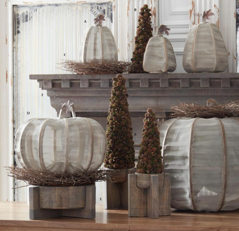 Set of 3 Gray Mesh Pumpkins w/Metal Leaves & Wood Stem