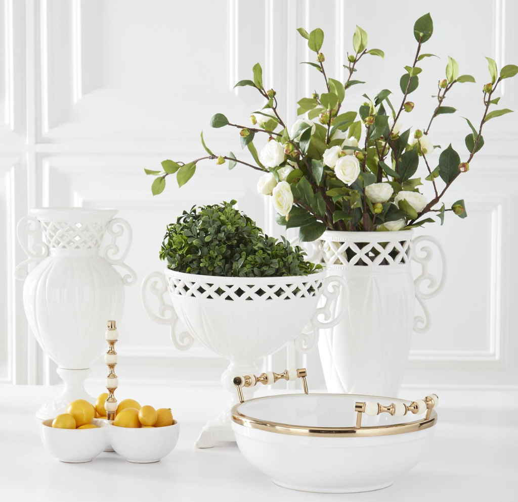 Set of 3 White Ceramic Vases w/Ornate Rim