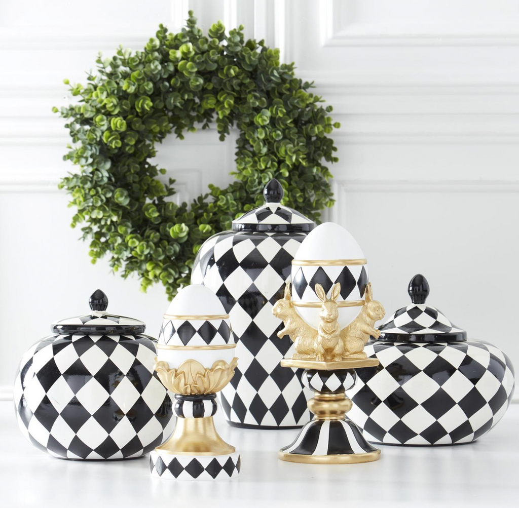 Set of 2 Black & White Royal Ceramic Harlequin Jars w/Lids