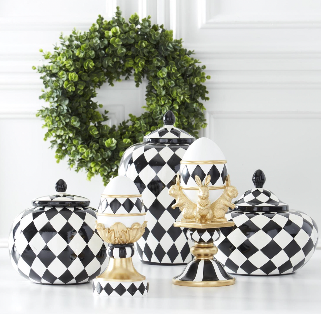 Set of 2 Black & White Royal Ceramic Harlequin Jars w/Lids