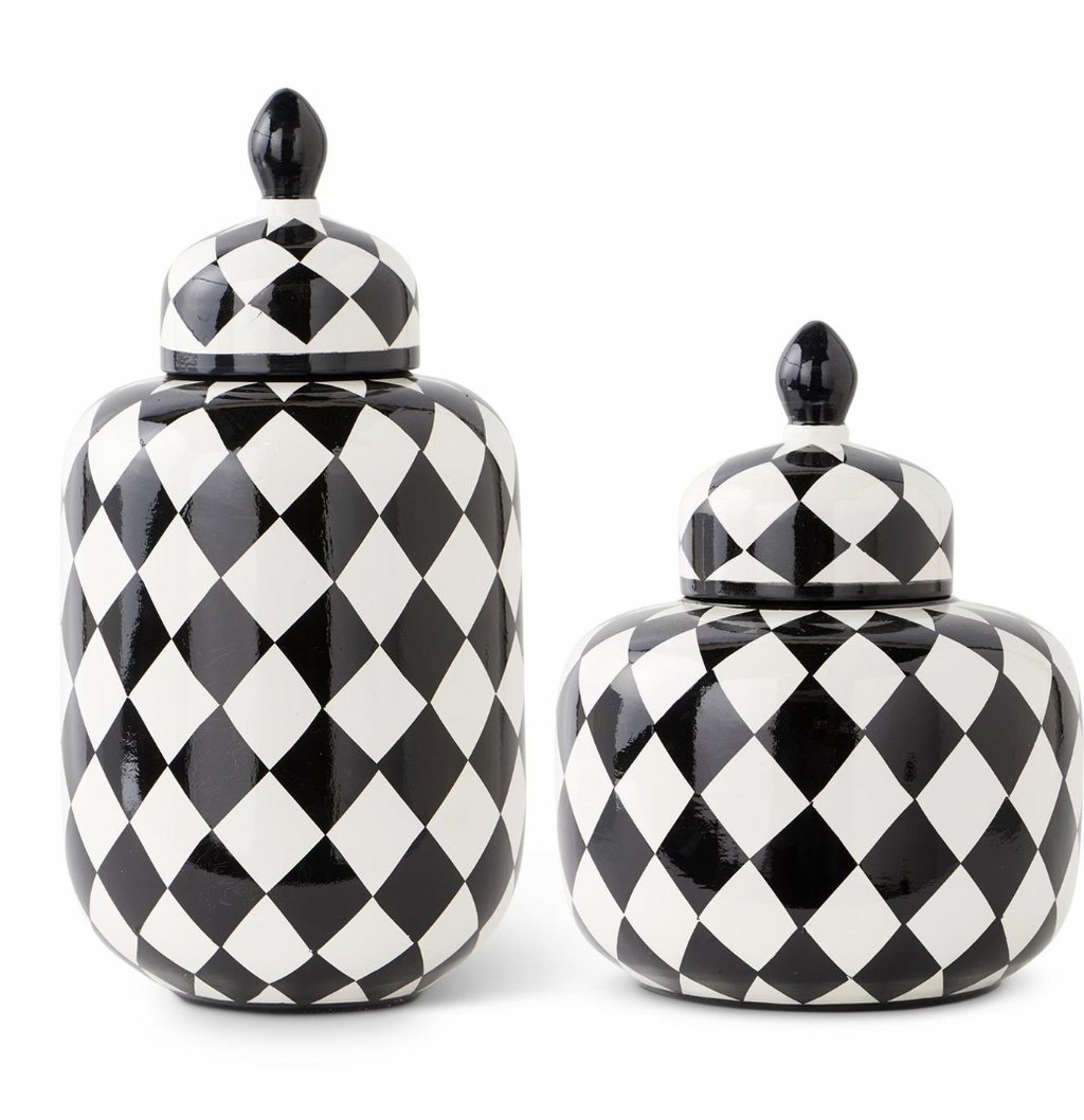 Set of 2 Black & White Royal Ceramic Harlequin Jars w/Lids
