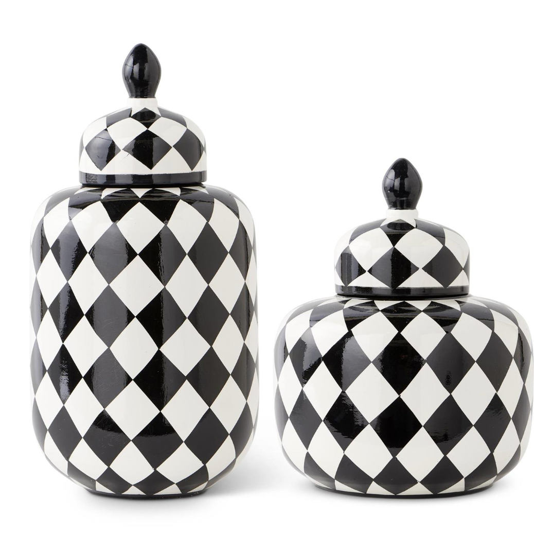 Set of 2 Black & White Royal Ceramic Harlequin Jars w/Lids