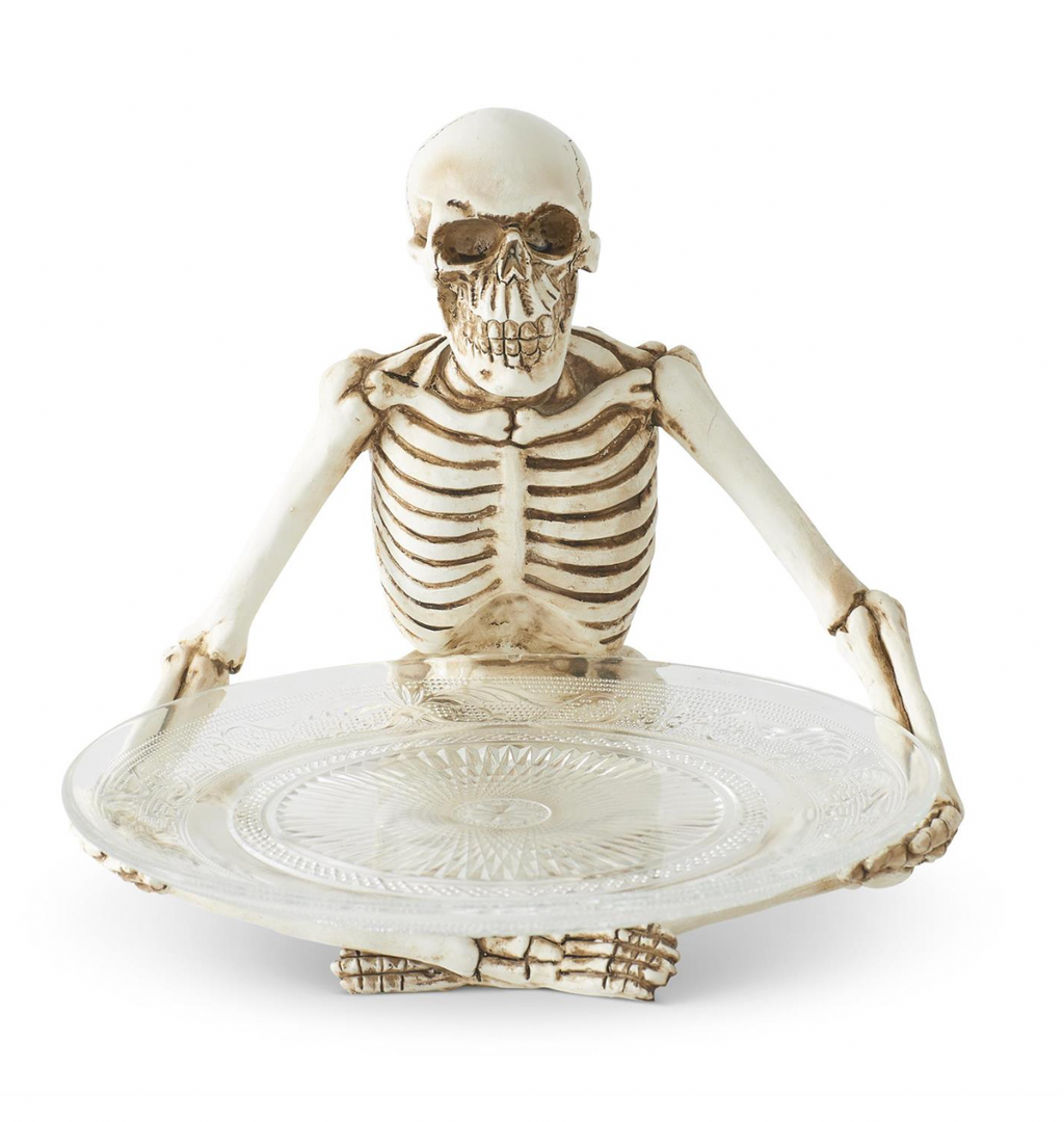 10" Resin Sitting Skeleton Holding Glass Plate