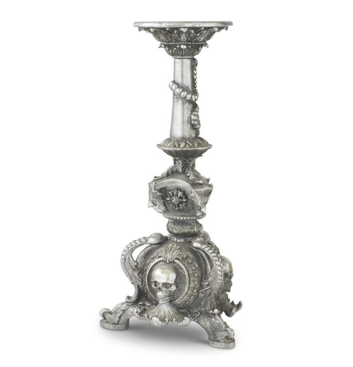 20.5" Silver Resin Skull & Bat Halloween Candleholder