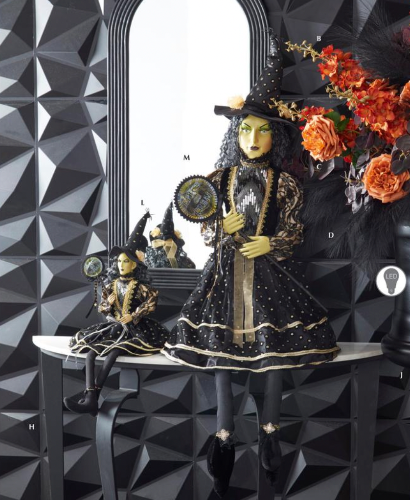 28" Clara Sitting Witch w/Black and Gold Dot Dress