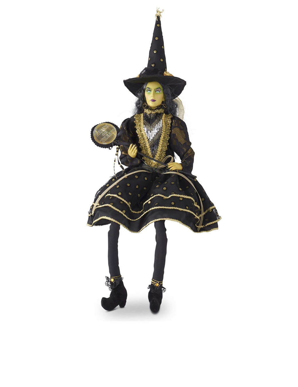 28" Clara Sitting Witch w/Black and Gold Dot Dress