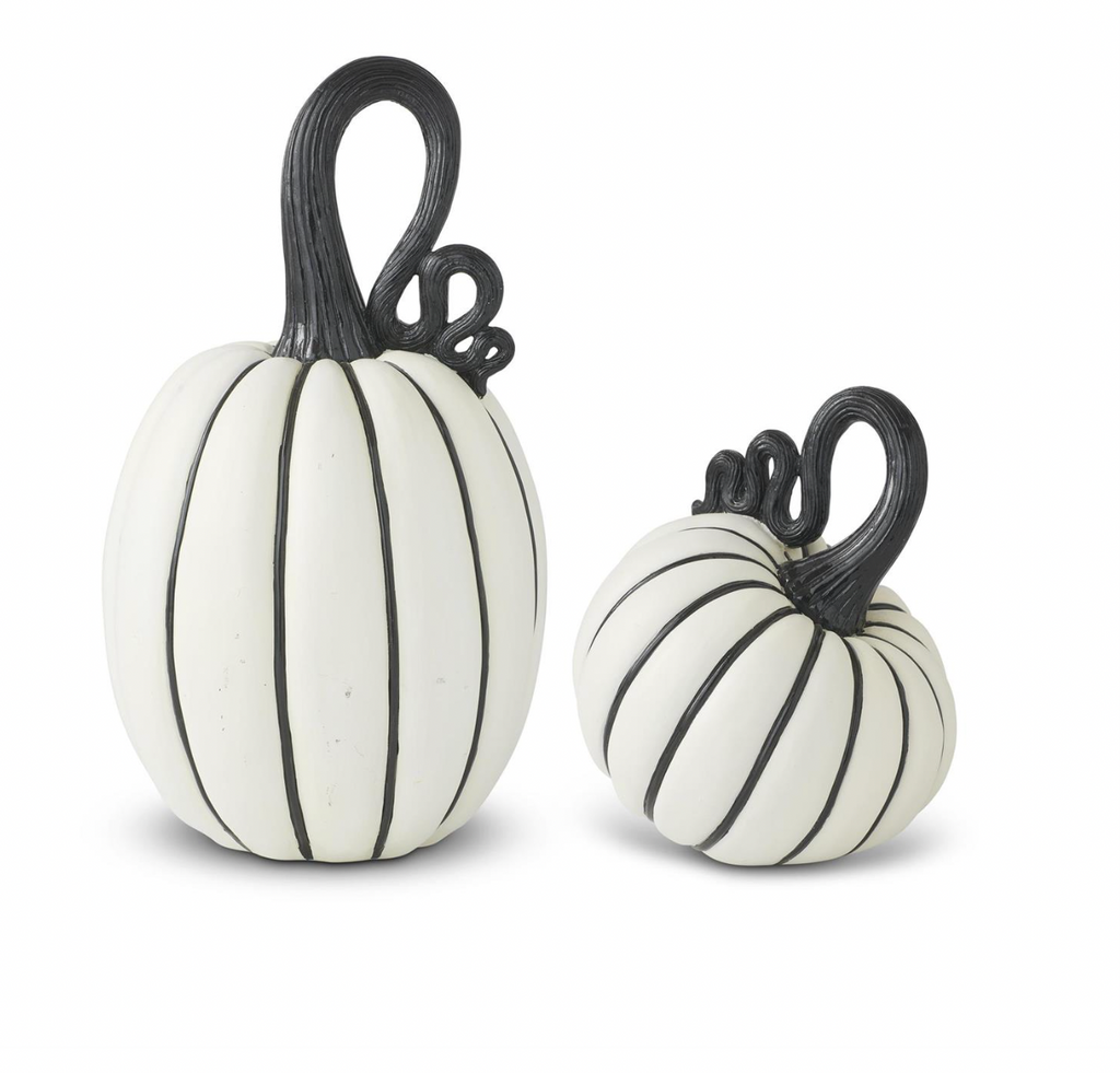 Set of 2 White & Black Striped Resin Pumpkins w/Curly Stems