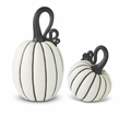 Set of 2 White & Black Striped Resin Pumpkins w/Curly Stems